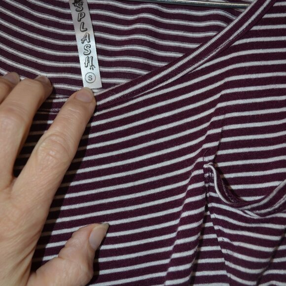 SPLASH Brown-White Stripes Pattern Small Front Pocket Tied Waist Rayon Top S - Picture 5 of 6
